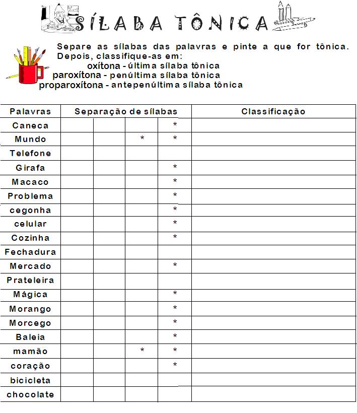 Atividade Com Silaba Tonica Para 4 Ano