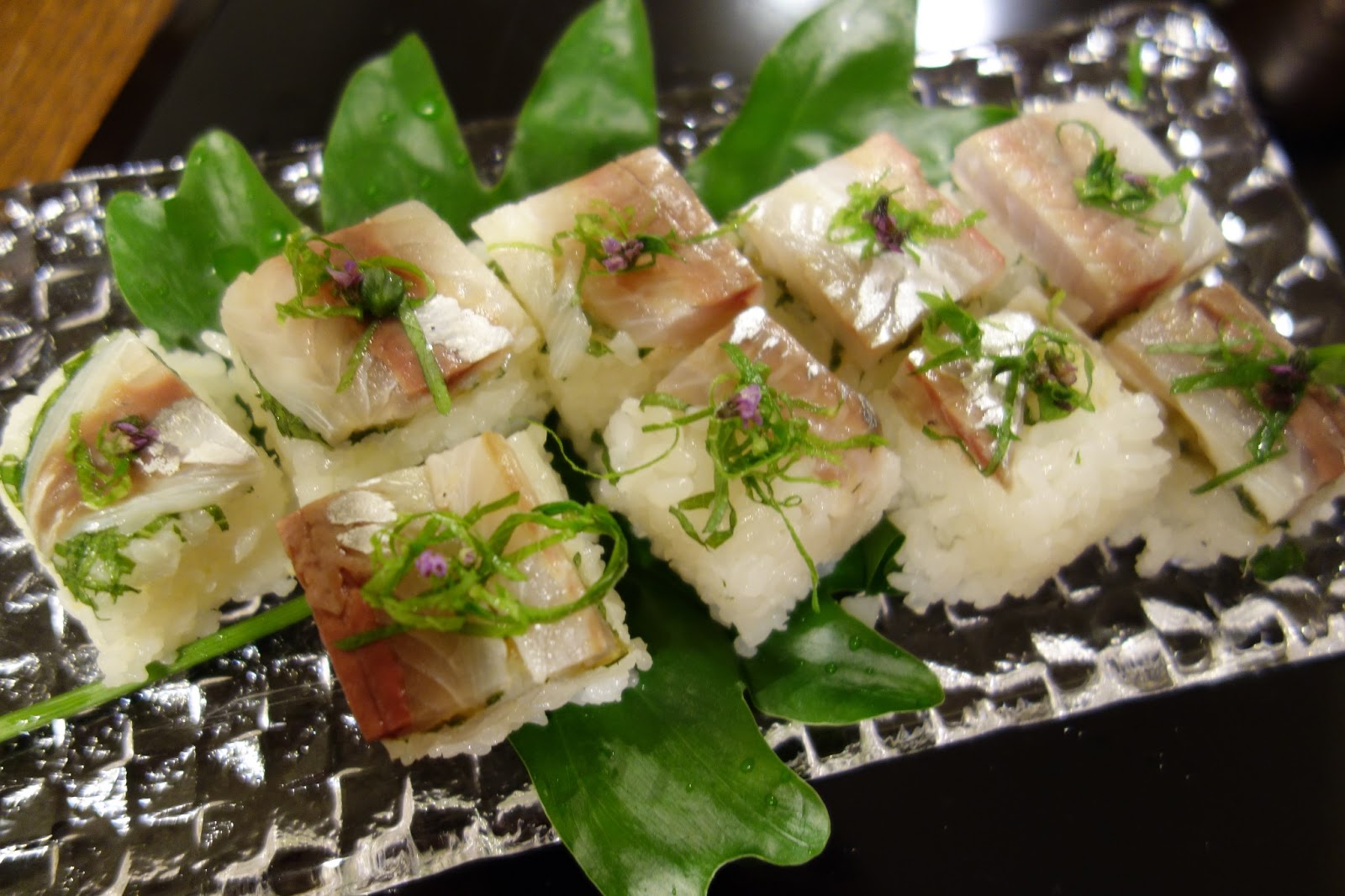 Japanese home cooking oshizushi (pressed sushi of jack mackerel)