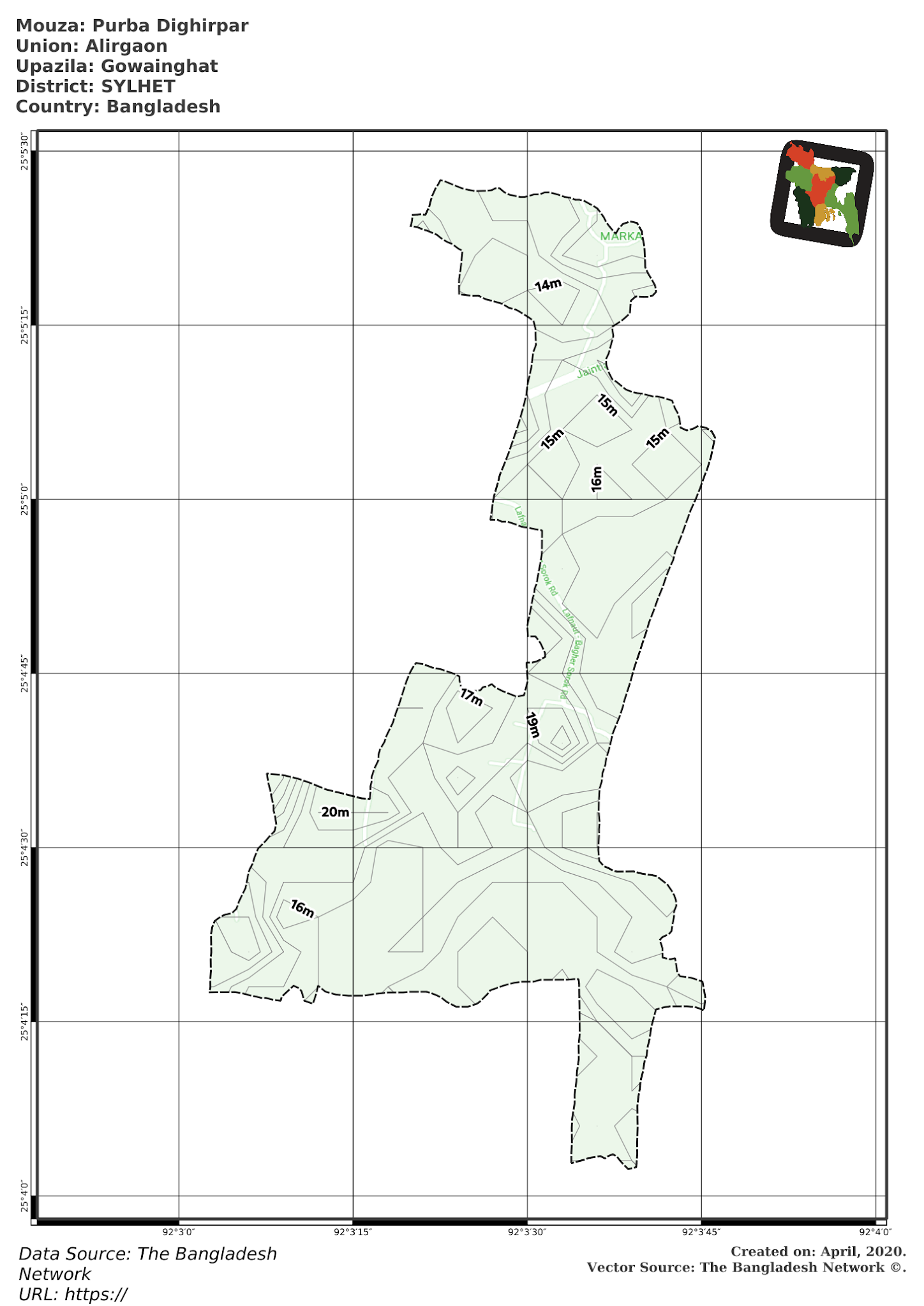Map of Purba Dighirpar Mouza of Gowainghat Upazila, SYLHET, Bangladesh.