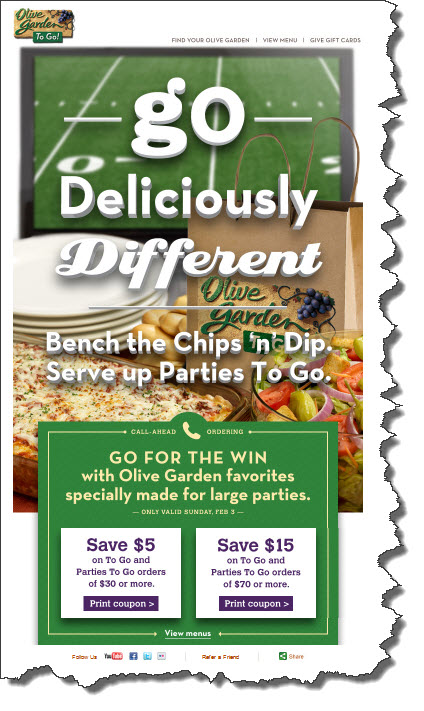 Coupon Fabulous Savings: Olive Garden: $5/30 or $15/75 "To Go"