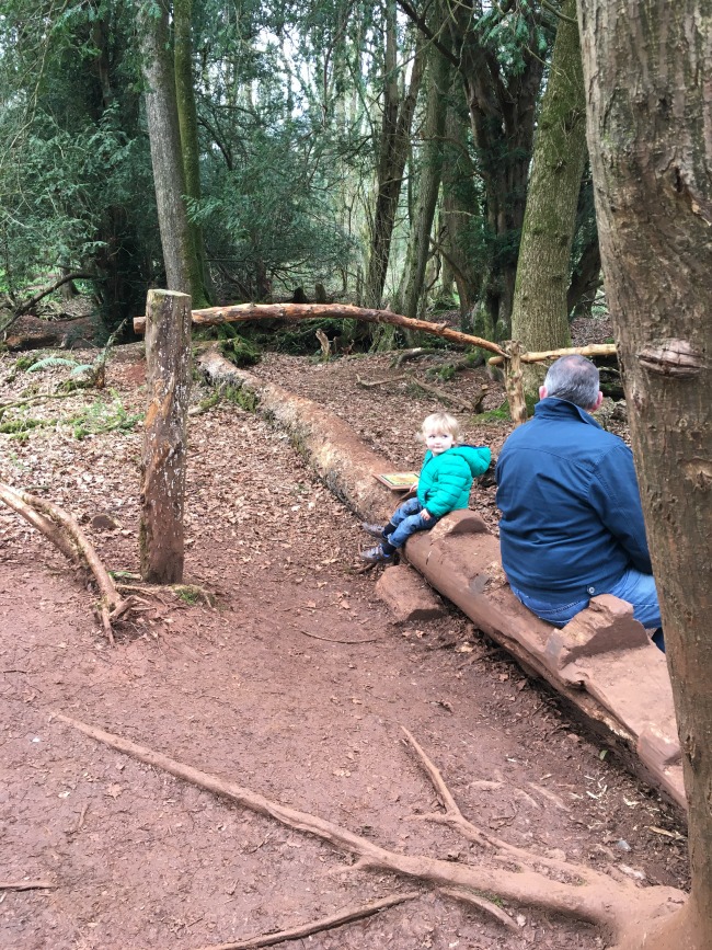 toddler and adult sat on fallen branch that is carved to look like a crocodile