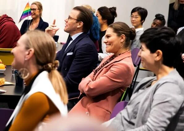 Crown Princess Victoria wore Rodebjer Nera pink blazer, Lexington Janina print blouse. Af Klingberg red suede boots, Camilla Thulin