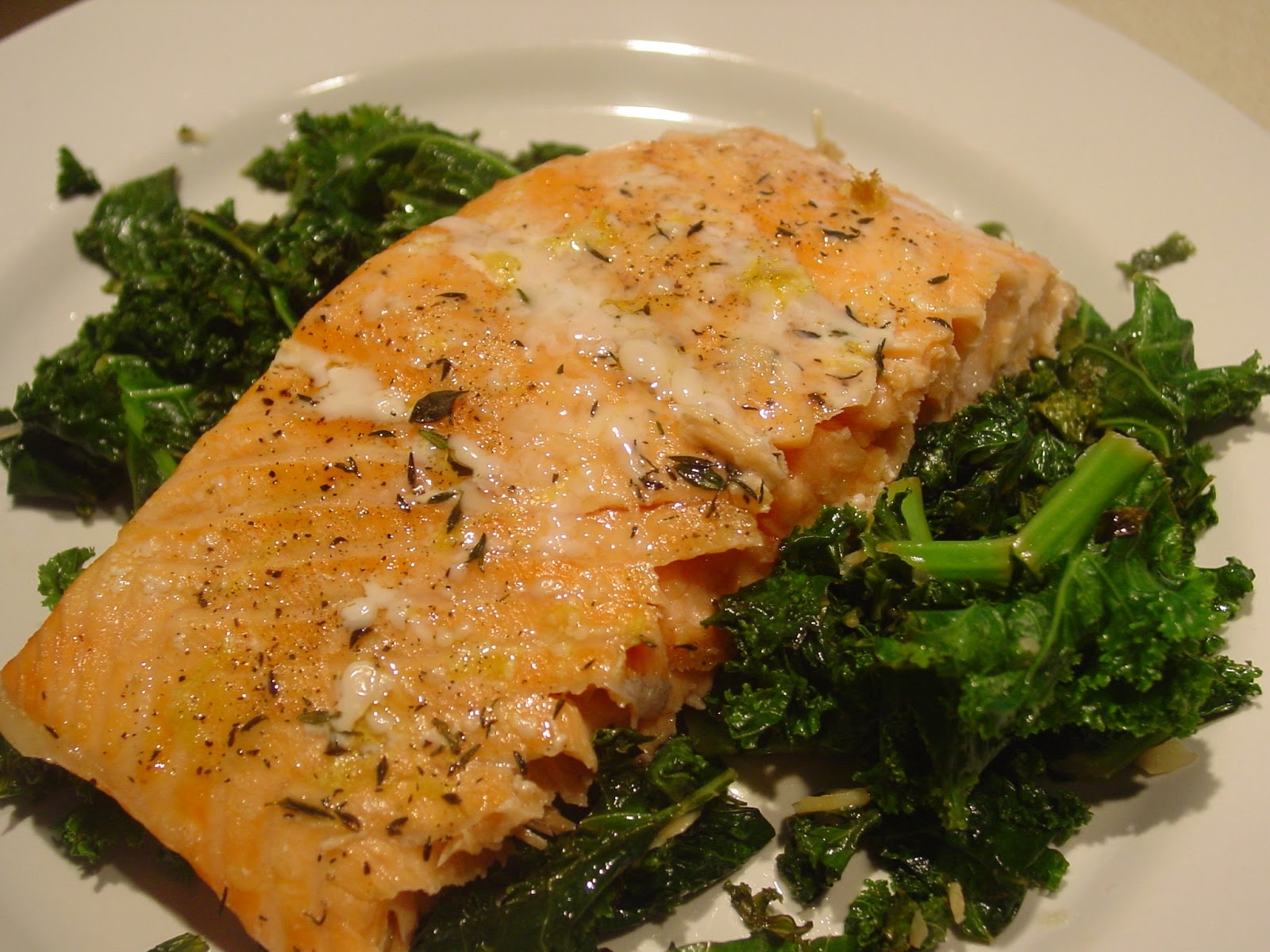 The Dirty Floor Lemon Thyme Baked Salmon and Sauteed Garlic Lemon Kale