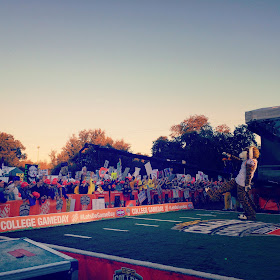 Mike getting the crowd fired up bright and early  on the Home Depot College GameDay set.