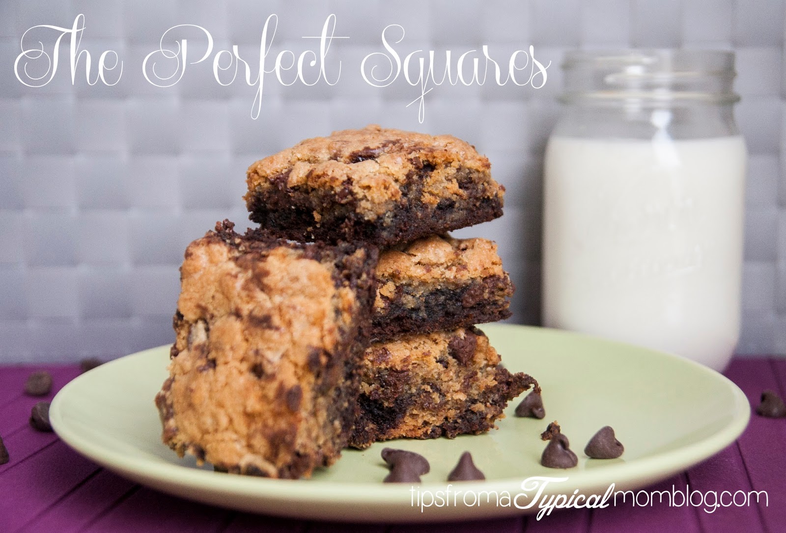 The Perfect Squares- Layered Chocolate Chip Cookie and Brownie Bars. Recipe from Tips From a Typical Mom.
