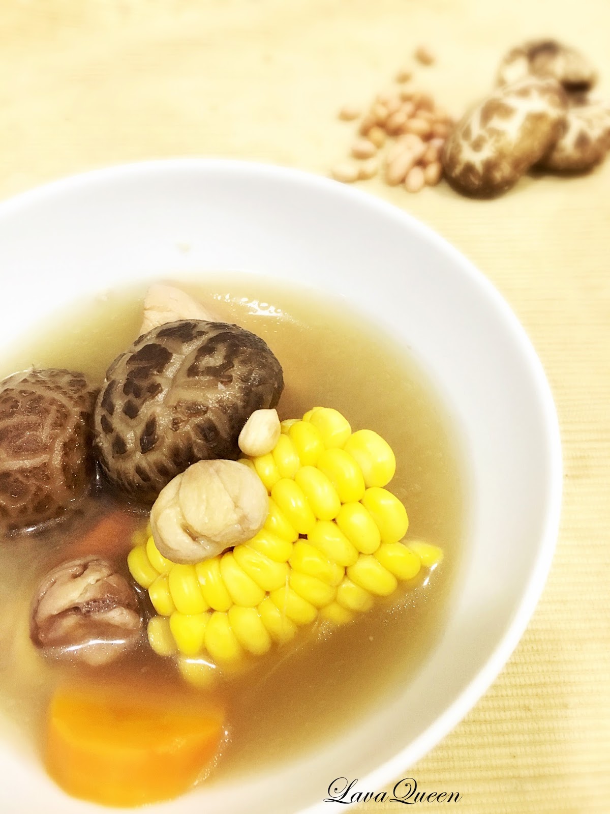 CHESTNUT SOUP WITH CORN, CHINESE MUSHROOMS & PEANUTS Lava Queen