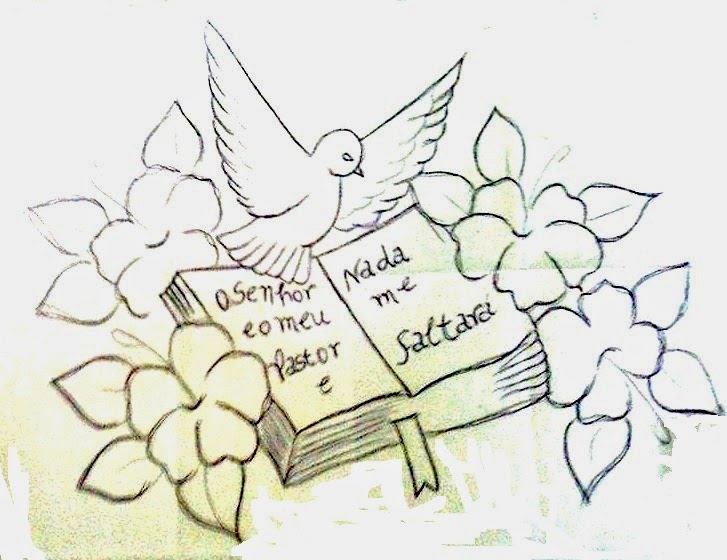 desenho religioso de biblia, pomba e flores para pintar