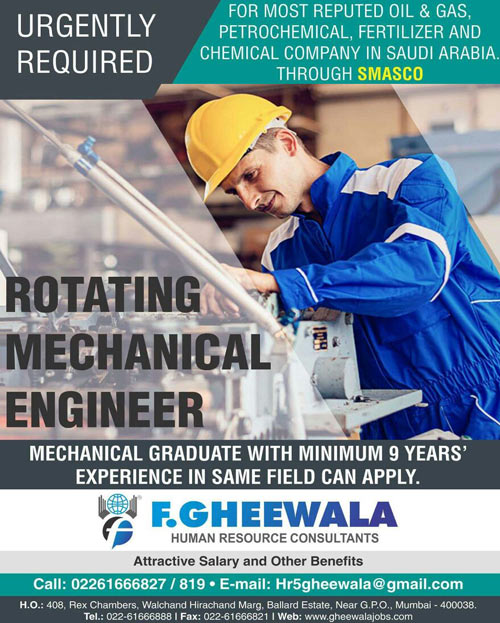 ROTATING MECHANICAL ENGINEER JOBS | SMASCO SAUDI ARABIA | F. Gheewala Human Resource Consultants