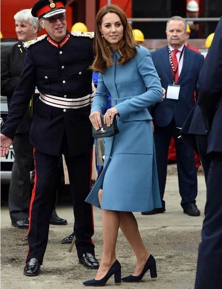 Kate Middleton wore a cornflower blue coat by Alexander McQueen. Emmy London Josie shoes Mappin and Webb empress drop earrings