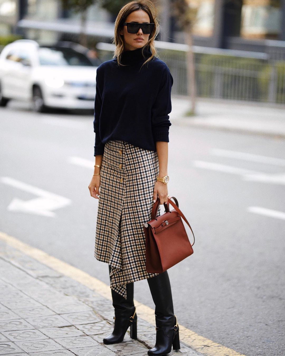 A Stylish Work-Ready Way to Wear a Plaid Midi Skirt