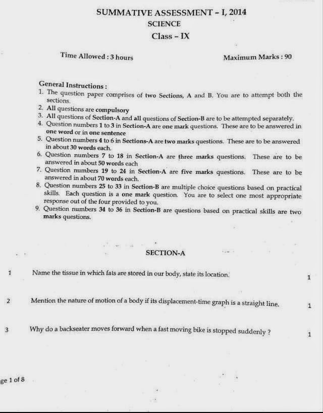 CBSE Grade 9 Tutor Science SA1 20142015 Class 9 Exam Paper