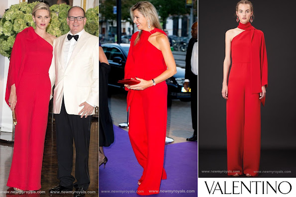  Princess Charlene of Monaco wore Valentino One Shoulder Jumpsuit in Red, Queen Maxima of Netherlands wore the same Valentino one Shoulder Jumpsuit in Red