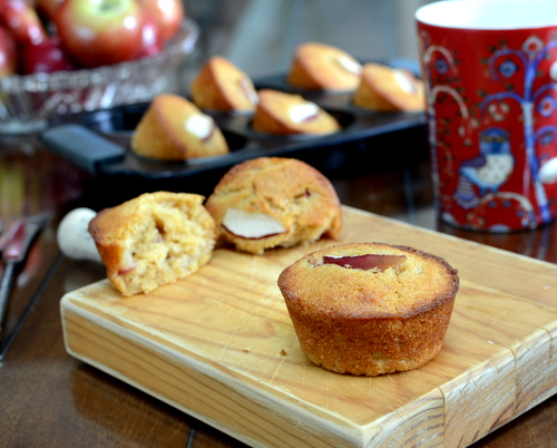 Cornmeal Muffins with Apple, another seasonal muffin ♥ KitchenParade.com, studded with apple with a pretty sliver on top. Perfect for Fall Breakfasts. Autumn Comfort Food. Great for Meal Prep. No Mixer Required.