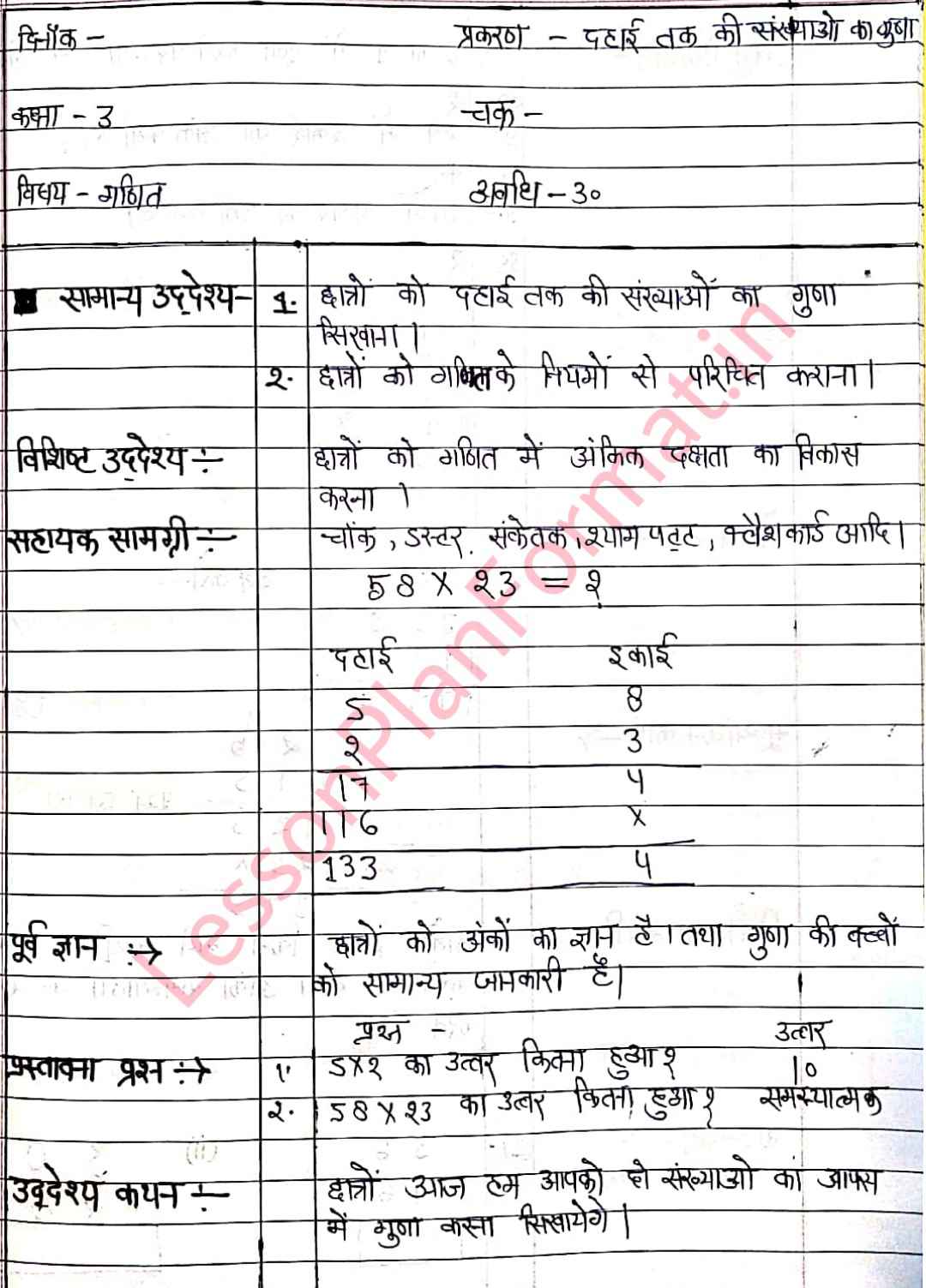 Maths Lesson Plan Class 3 Multiple