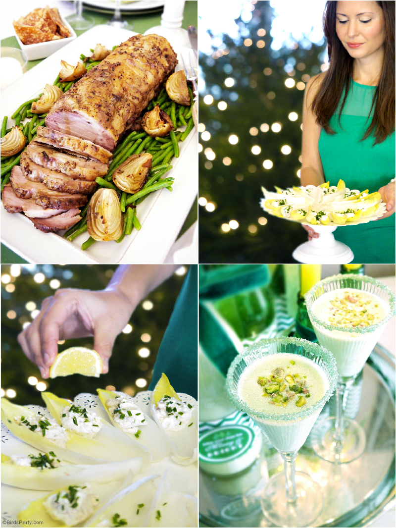 Green & Gold Christmas Holiday Tablescape with ideas on DIY table decorations, party food menu, drinks and desserts table styling! | BirdsParty.com