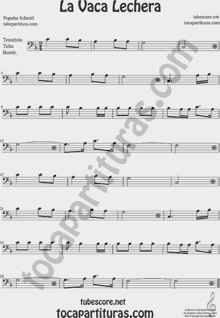 La Vaca Lechera  Partitura de Trombón, Tuba Elicón y Bombardino Sheet Music for Trombone, Tube, Euphonium Music Scores