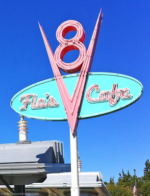 Flo's V8 Cafe Cars Land Carsland DCA sign Disney California