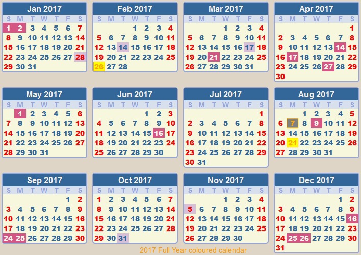 full 2017 calendar
