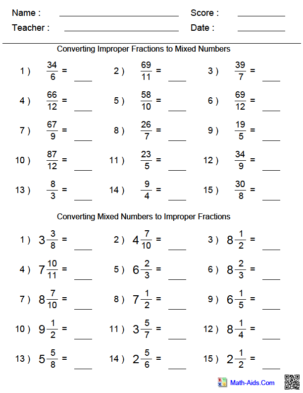 Converting Mixed Numbers To Improper Fractions Worksheet Grade 6