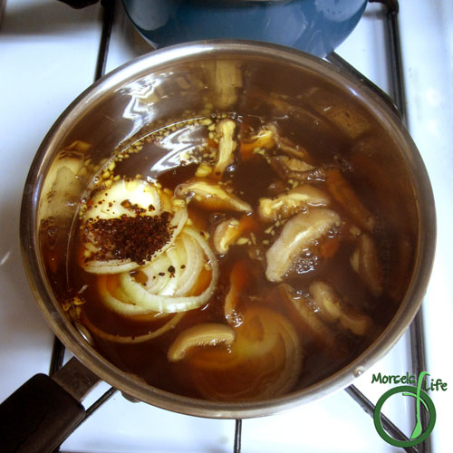 Morsels of Life - Tom Yum Step 4 - Add onions, mushrooms, and chili peppers, brown sugar, garlic, and fish sauce to stock.