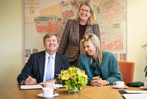 Queen Maxima wore Gucci green silk shirt and Natan coat. Crown Princess Amalia, Princess Alexia and Princess Ariane