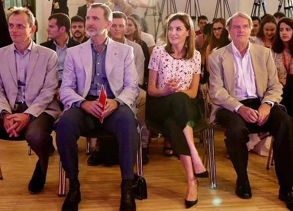 Queen Letizia wore Carolina Herrera floral print silk blouse for Girona Foundation's meeting at Malavella Hotel Camira in Girona