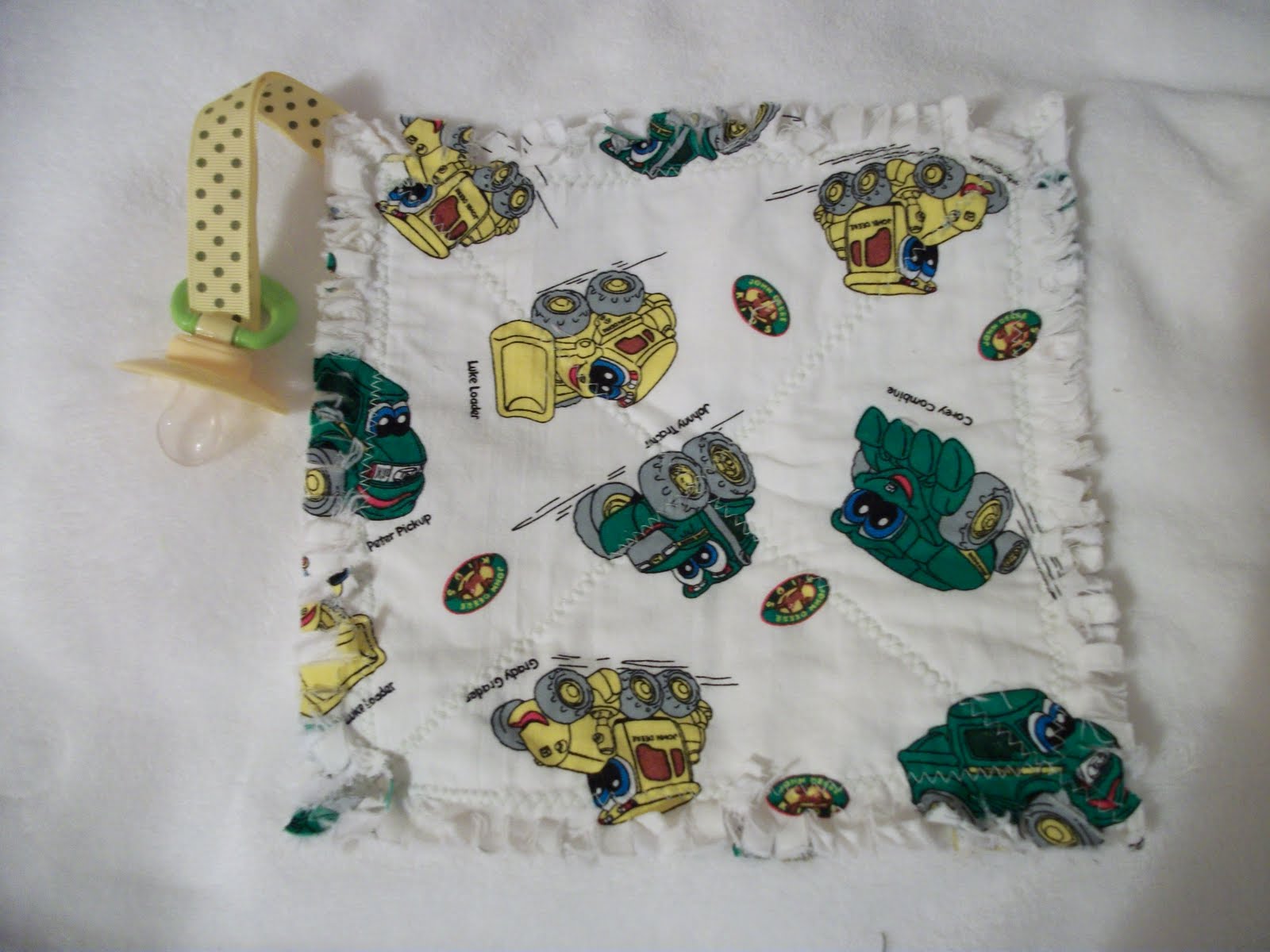 Deerecountry Quilts Camo John Deere rag quilt, pacifier holders