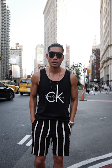 Wearing Calvin Klein Logo Tank Top, Bold Stripe ASOS Shorts, Yeezy Boost | Asian Male Model and Blogger