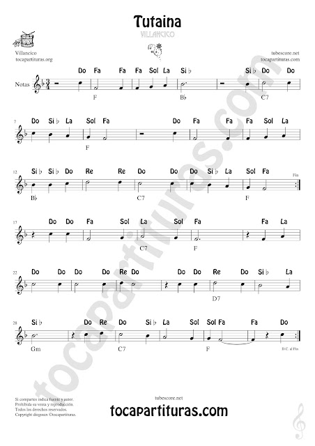  Partitura Fácil con Notas Tutaina Villancico Easy Notes Sheet Music for Flute Music Scores 
