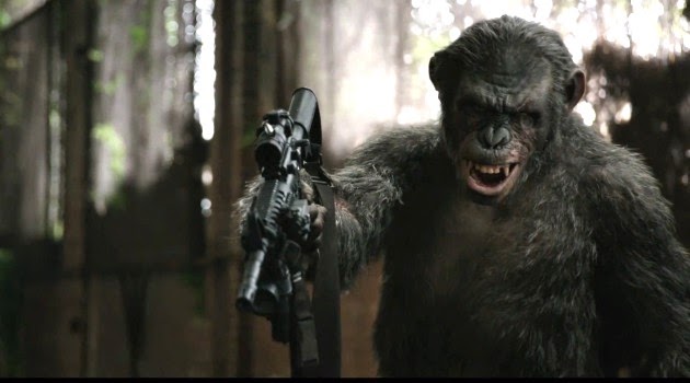 Macaco brincando com uma metralhadora, Planeta dos Macacos: O Confronto