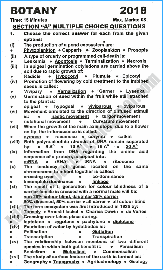 Adamjee Coaching 12th Botany Past Year Paper 2018