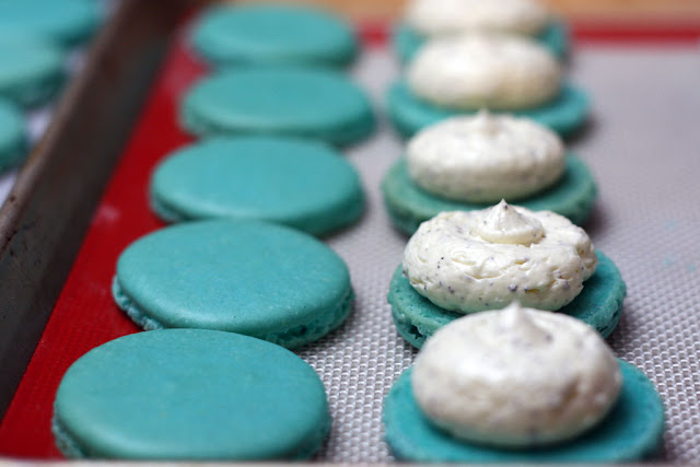 A column of macaron shells with earl grey buttercream piped onto one half of the shells.