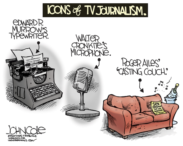 Title:  Icons of TV Journalism.  Image:  Edward R. Murrow's typewriter, Walter Cronkite's microphone, Roger Ailes's casting couch.