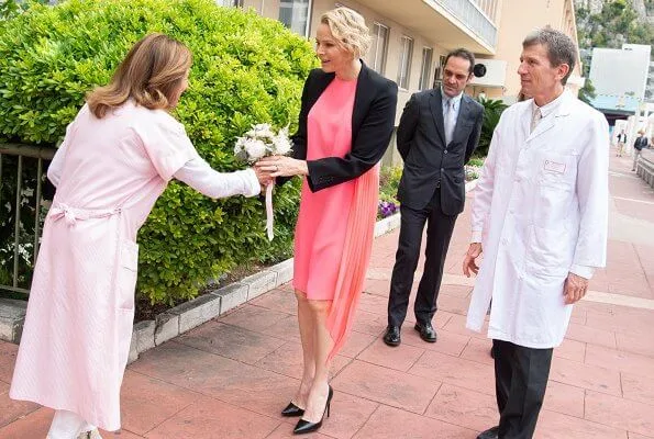 Princess Charlene wore a new asymmetric mulberry silk crepe de chine and georgette dress by Akris