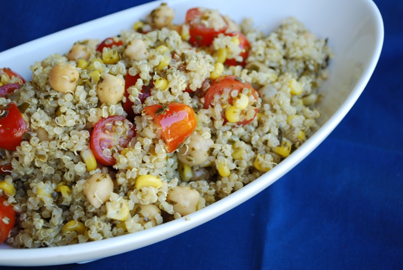 Hearty Helpings Pesto Quinoa with Corn and Tomatoes