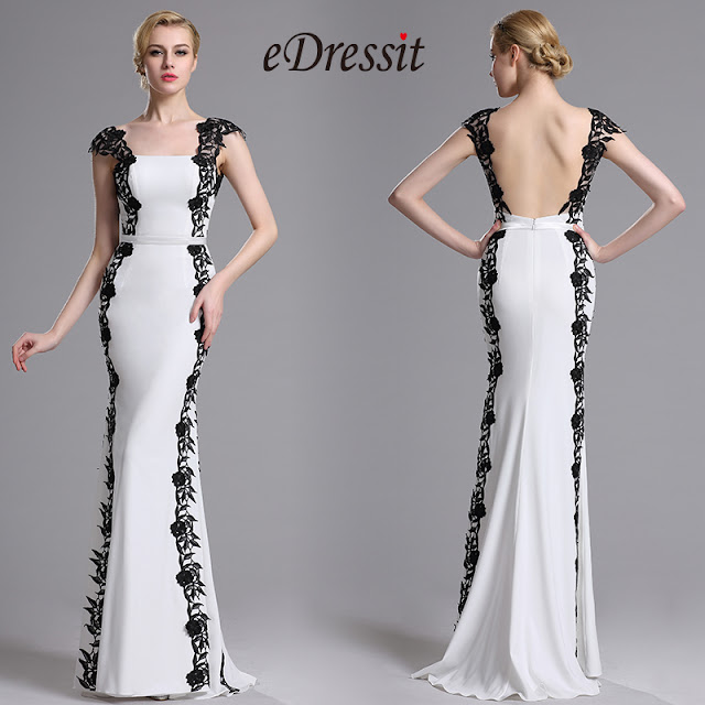 White Black Floral Applique Prom Evening Dress