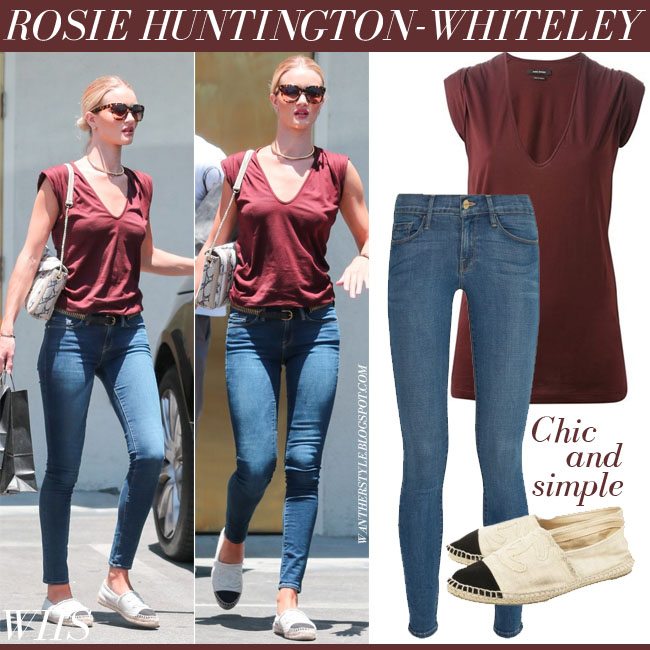 Rosie Huntington-Whiteley in burgundy t-shirt with blue skinny jeans ...