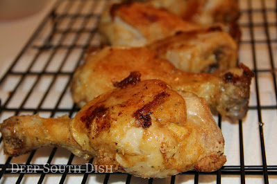 Picnic chicken, prepared similar to our classic, southern fried chicken, is lightly dusted in a highly seasoned flour then oven fried in butter and set aside to cool completely, before packing for the picnic.