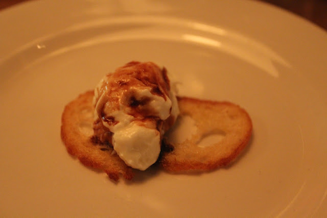 Small toast with stracciatella and balsamic vinegar at The Salty Pig, Boston, Mass.