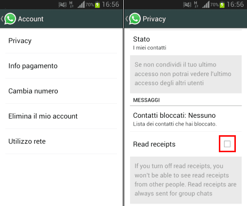 WhatsApp disattivare conferma lettura spunte blu