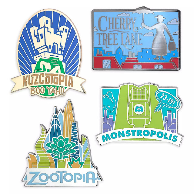 D23 Exclusive Pin Set - Fantastic Worlds Mary Poppins, The Emperor’s New Groove, Monsters Inc and Zootopia