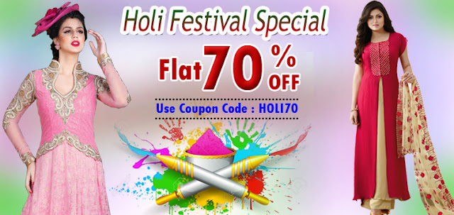 Colorful Holi Festival 2016 Special Sarees, Salwar Suits, Kurtis, Lehenga Choli, Kids Wear Women Clothing Online Shopping with Special 70% Discount Offer Price at pavitraa