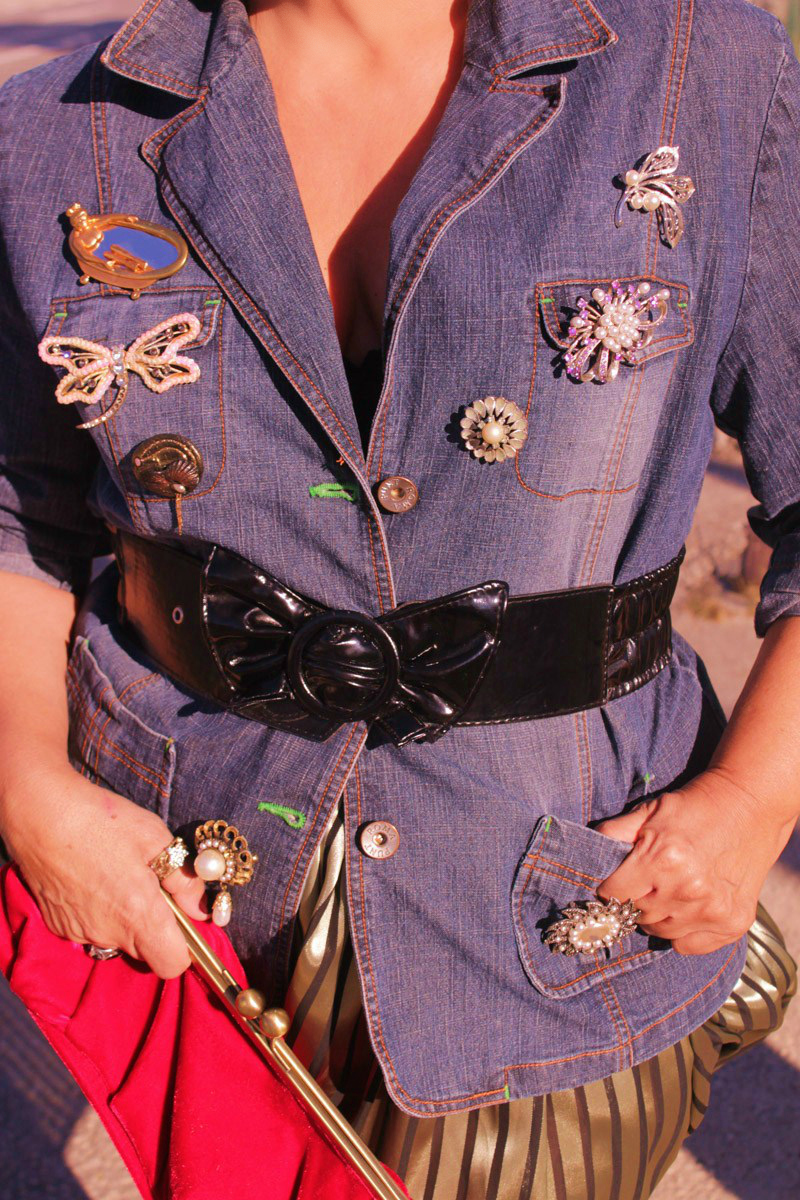 Denim Jacket with Vintage Brooches & Gold Skirt MIS PAPELICOS