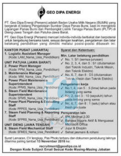 Pt Geo Dipa Energi Persero Recruitment For D3 S1 S2 Fresh Graduate Experienced Geo Dipa November 2016 Lowongan Kerja Lowongan Kerja 2021 Lowongan Kerja Bulan Juli 2021 Pt Geo Dipa Energi Persero Recruitment For D3 S1 S2 Fresh Graduate Experienced Geo Dipa November 2016 Lowongan Kerja Lowongan Kerja 2021 Lowongan Kerja Bulan Juli 2021