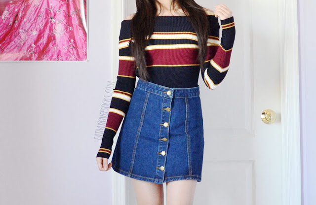 SheIn Fashion Review: Button-Front Skirt Details on the button-front denim A-line skirt from SheIn, similar to the American Apparel and Brandy Melville skirts, paired with an off-shoulder knit top for a Japanese Snidel-esque look.