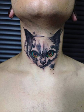 GATO PRETO COM OLHOS VERDES NO PESCOÇO