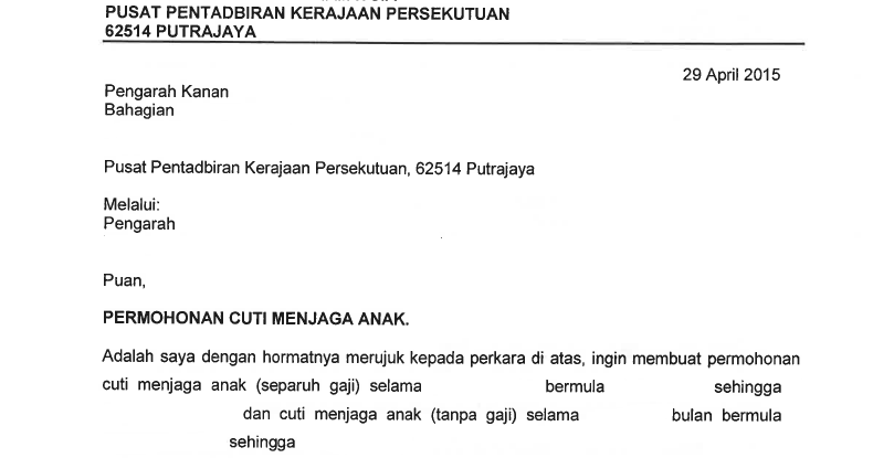 Surat Rasmi Cuti Menjaga Anak Resepi Book l