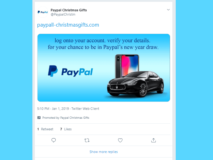 Twitter let hackers use its advertising feature to promote an obvious PayPal phishing scam