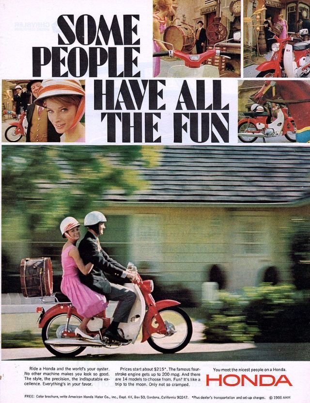 1966 HONDA Red Motorcycle VINTAGE AD Pretty Woman Nice People On Honda 