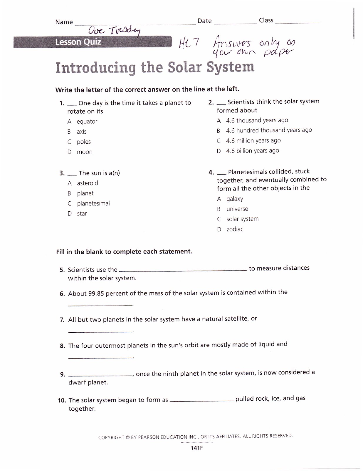 Solar System Gizmo Activity B Answer Key